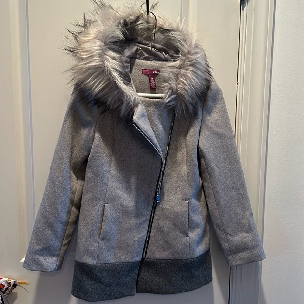 AQUA Girls Wool Peacoat faux fur hoodie sz S Bloomingdales NWOT